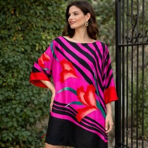 Vintage Flora Kung Silk Dress Sz 6 Pink Black Floral Shift Kimono Sleeve Luxury